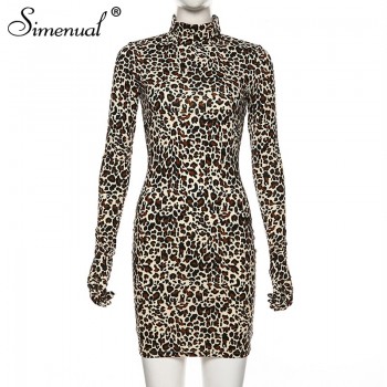 Simenual Leopard Sexy Hot Women Party Dress With Gloves Long Sleeve Skinny Clubwear Fashion Bodycon Mini Dresses Autumn Slim New